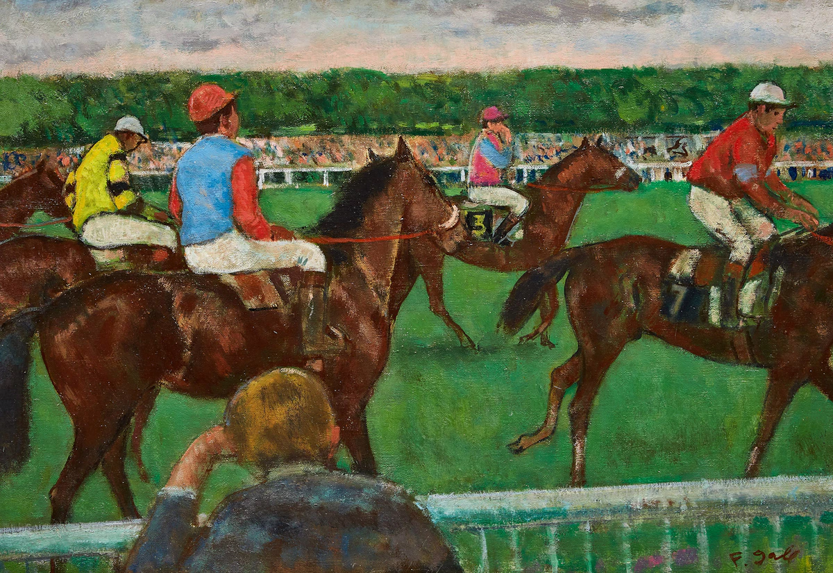 François Gall, Courses à Auteuil (Préparatifs sur l’hippodrome d’Auteuil), oil on canvas