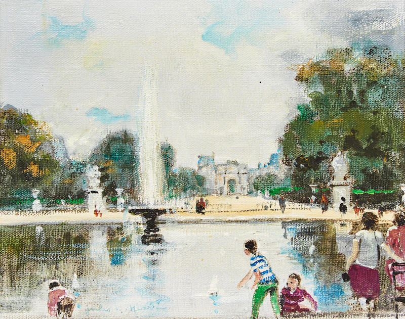 A Scene of Paris by a Fountain by Jules René Hervé