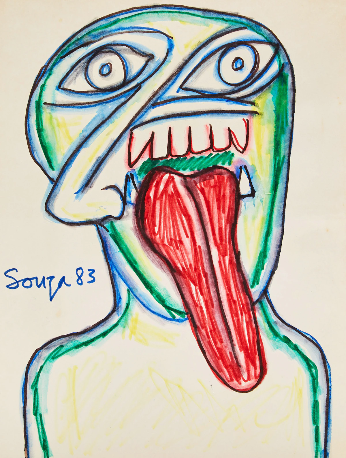 Francis Newton Souza, Portrait with tongue out, coloured markers, 1983