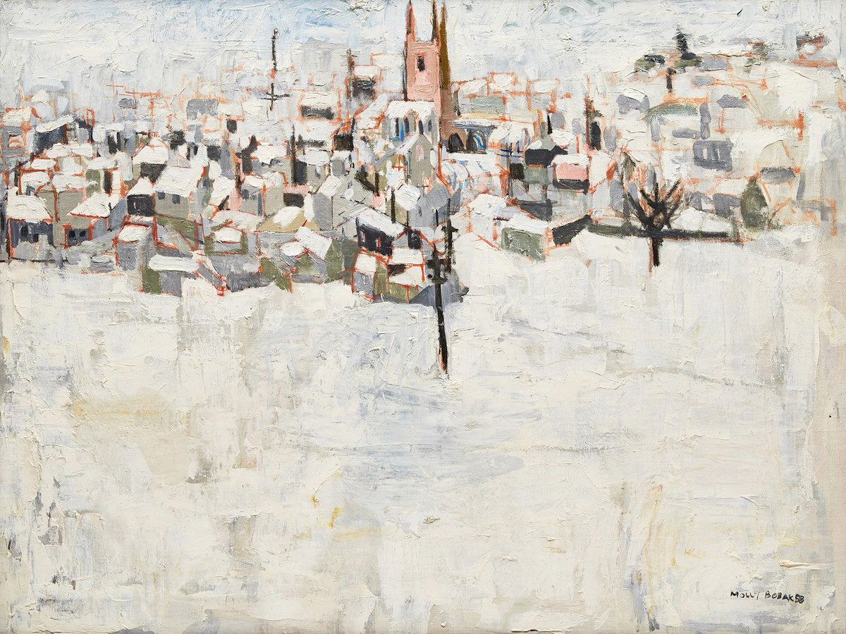 Molly Lamb Bobak, Snowy Cornish Town, oil on canvas, 1958