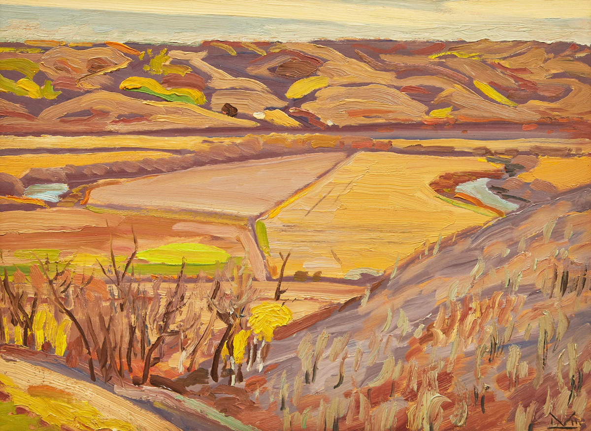 Illingworth Holey Kerr, Qu’Appelle Valley, East of Lumsden, Sask., oil on board, 1972