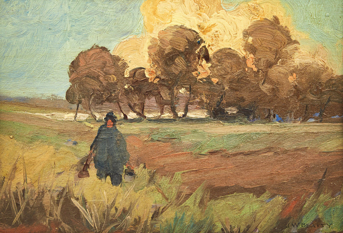 John William Beatty, Fisherman/Hunter in the Field, oil on board