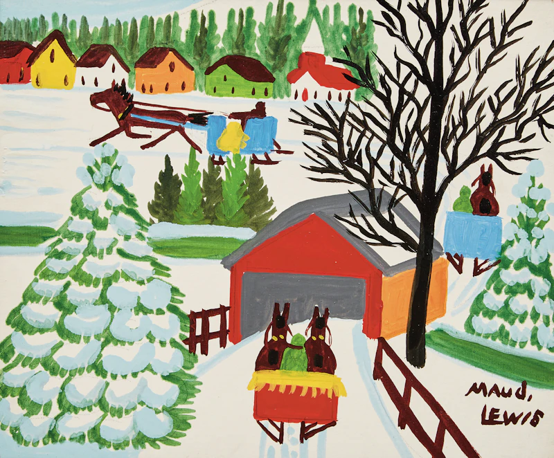 Maud Lewis, Winter Sleighing Scene with a Covered Bridge, mixed media on board