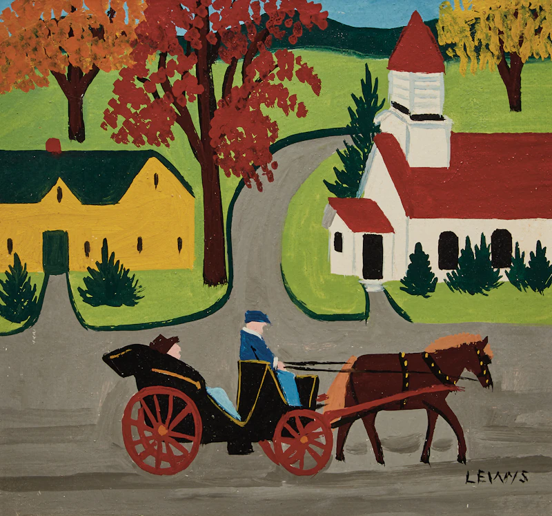 Maud Lewis, Carriage Ride Through Town , oil on board