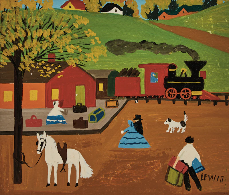 Maud Lewis, At the Train Station, oil on board