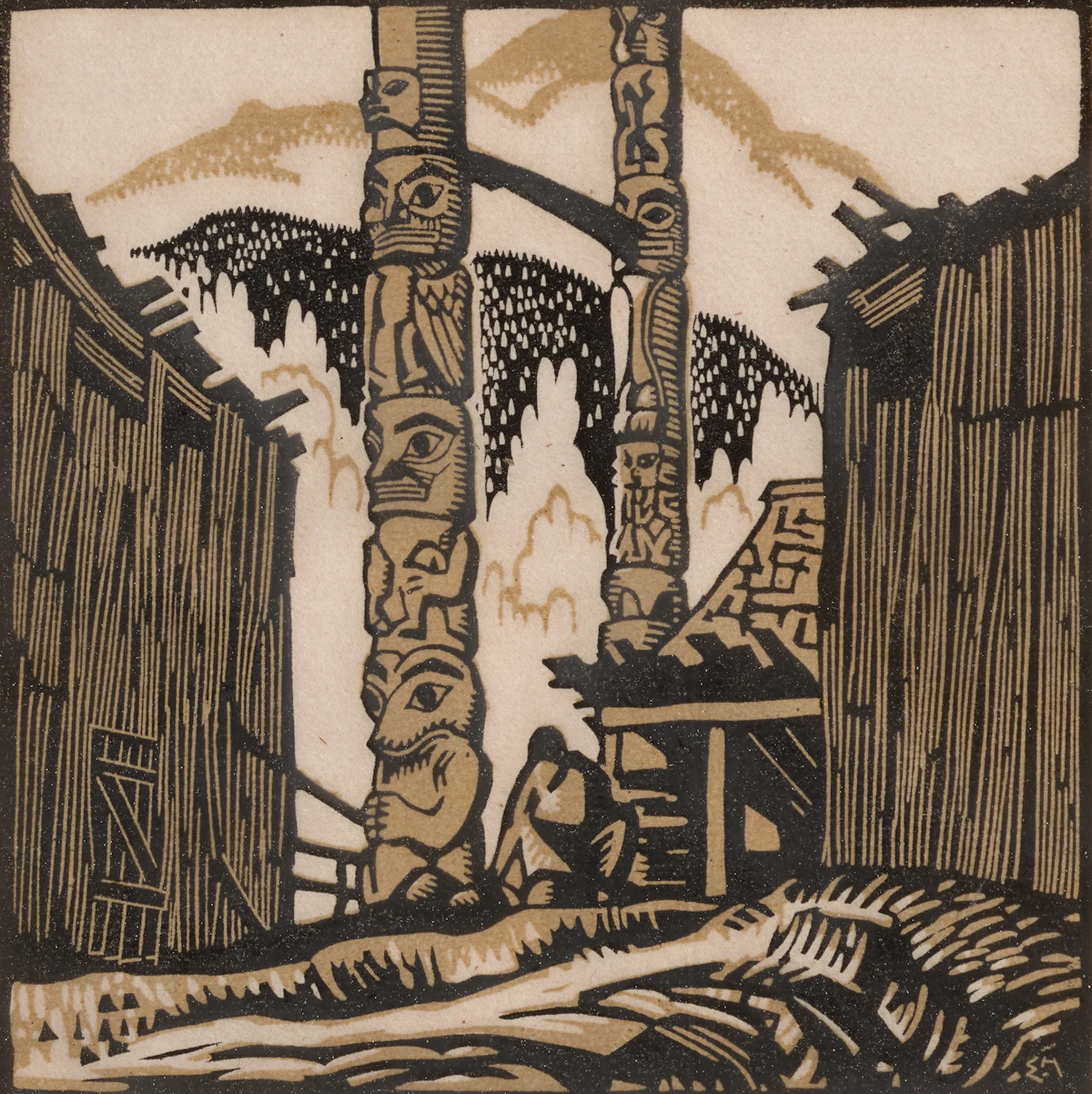 Edwin Headley Holgate, Totem Poles, No. 1 (1926), colour wood engraving