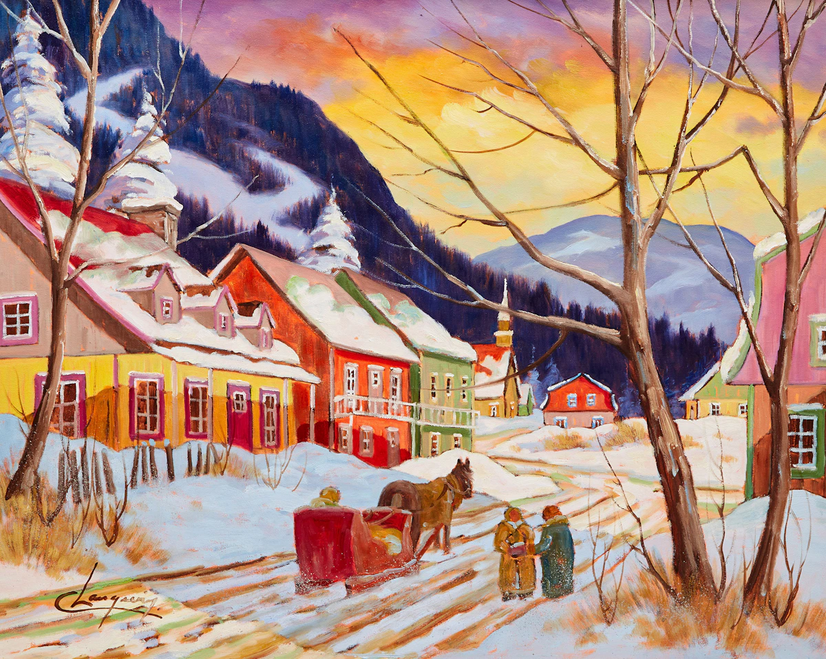Claude Langevin, Winter Village with Horse and Sleigh, oil on canvas