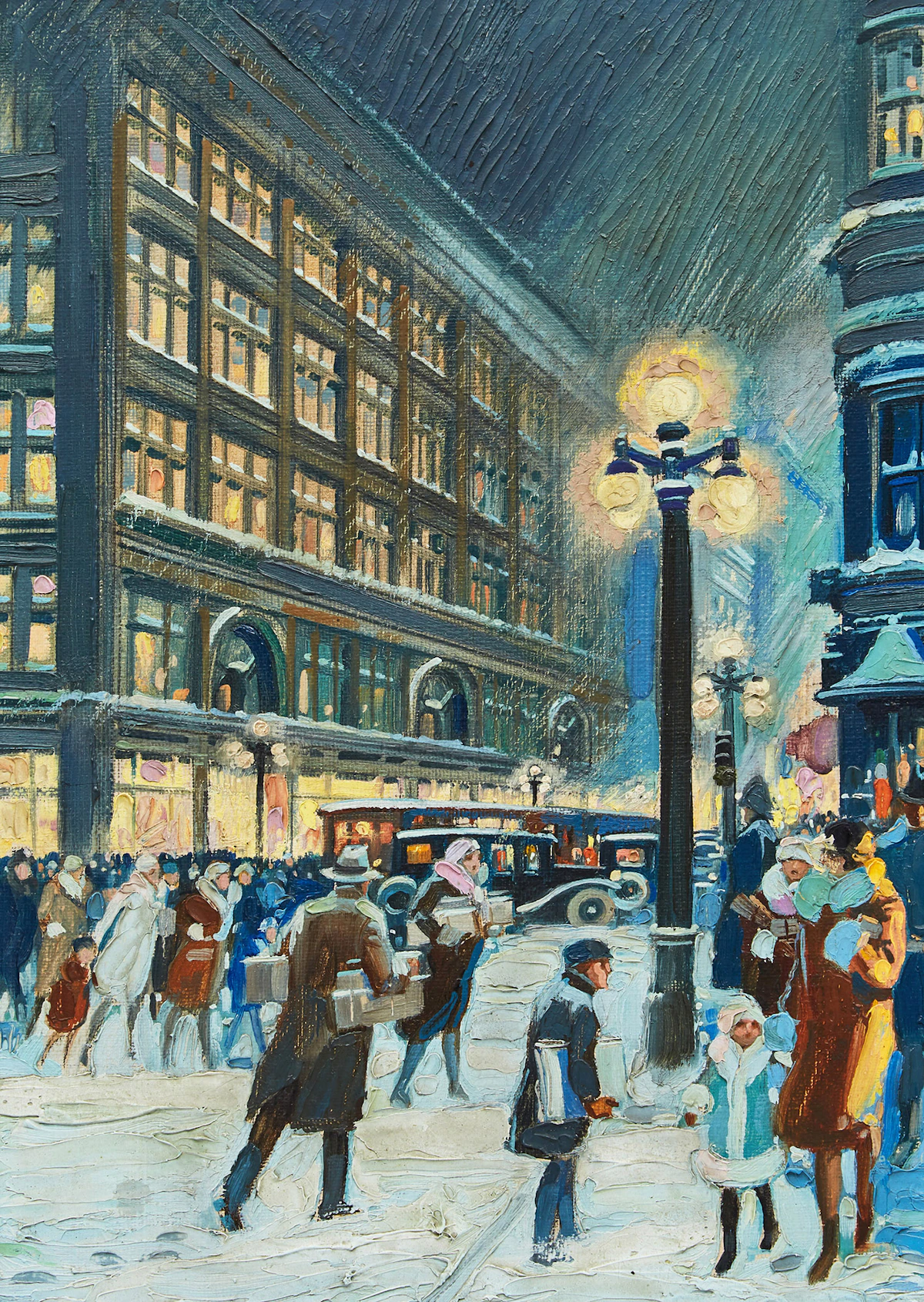 Stanley Francis Turner, Christmas Eve, Yonge Street, Looking North from Richmond Street, Toronto , oil on canvas board, Decembeer 1929