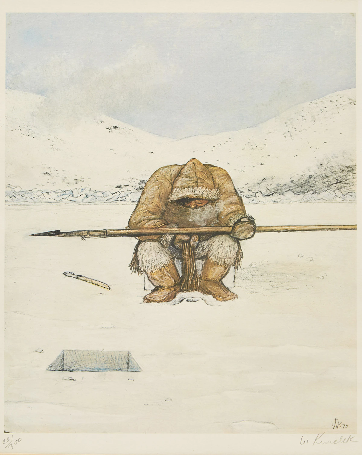 William Kurelek, Hunter at Breathing Hole, lithograph, 1975