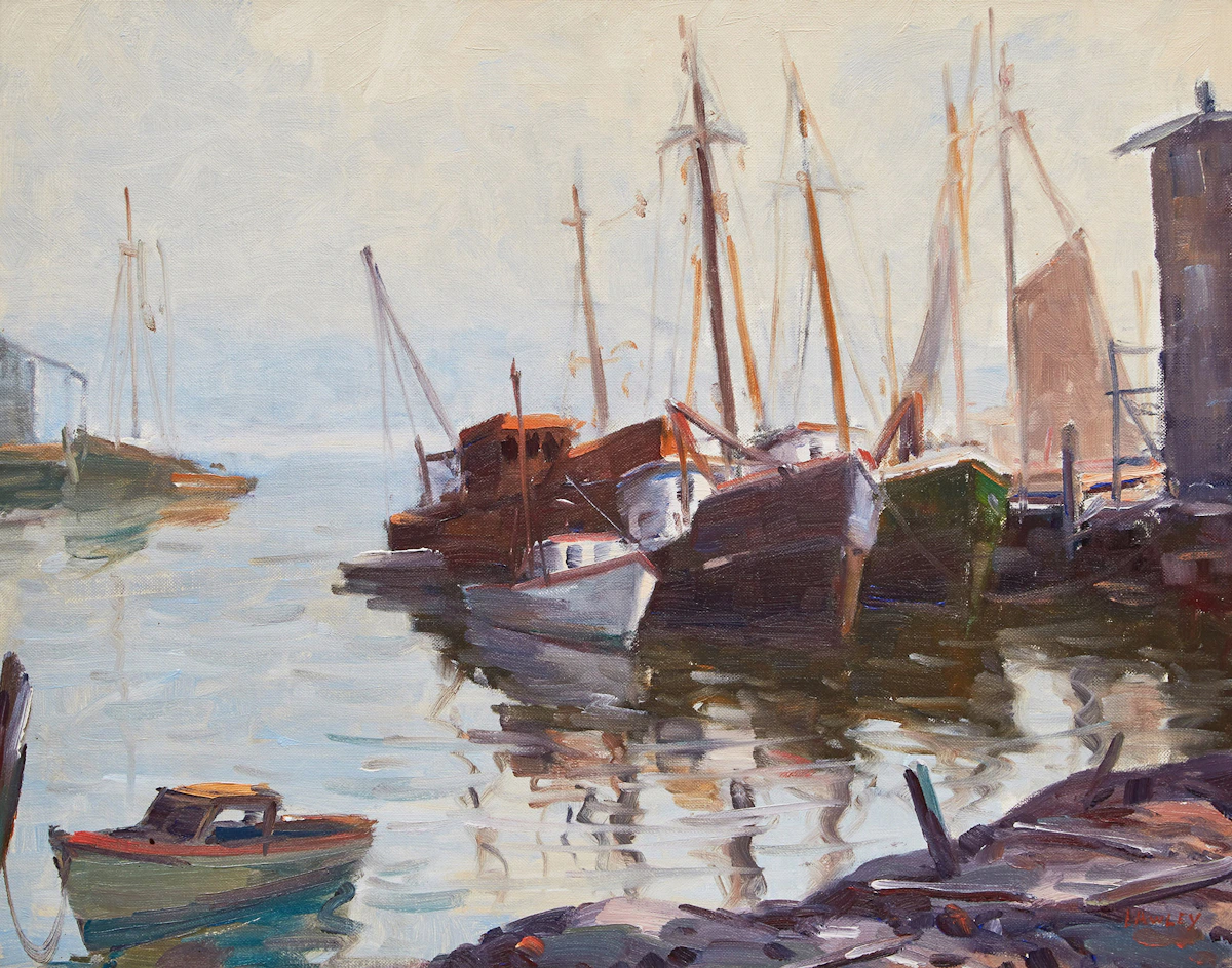 John Douglas Lawley, Misty Morning in the Harbour, oil on board