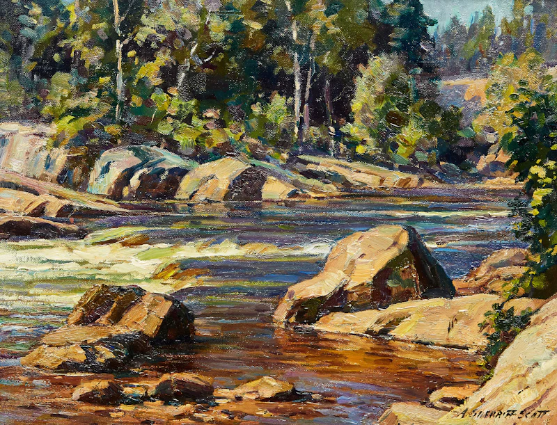 Adam Sherriff Scott, Landscape with a Winding Stream, oil on canvas board