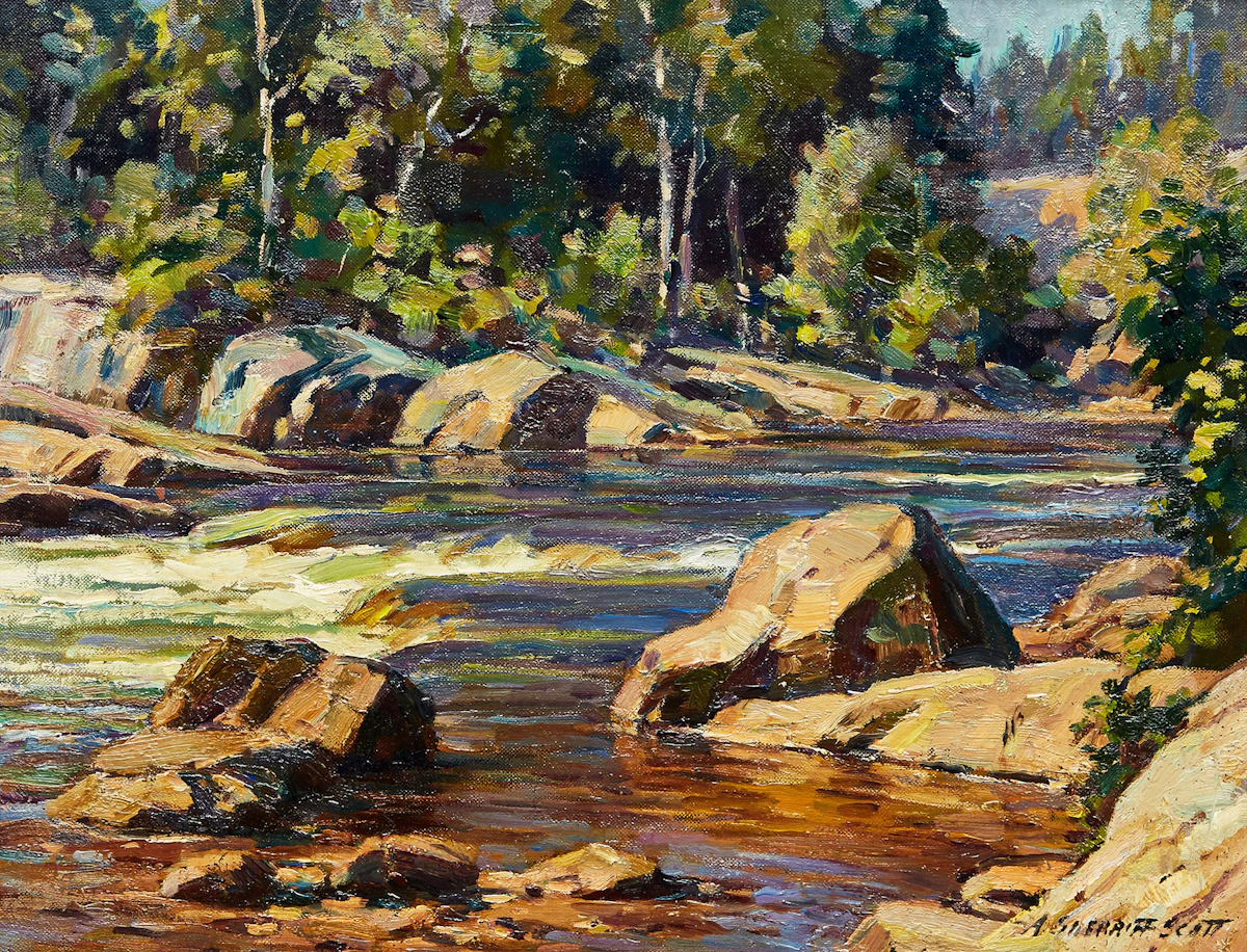 Adam Sherriff Scott, Landscape with a Winding Stream, oil on canvas board