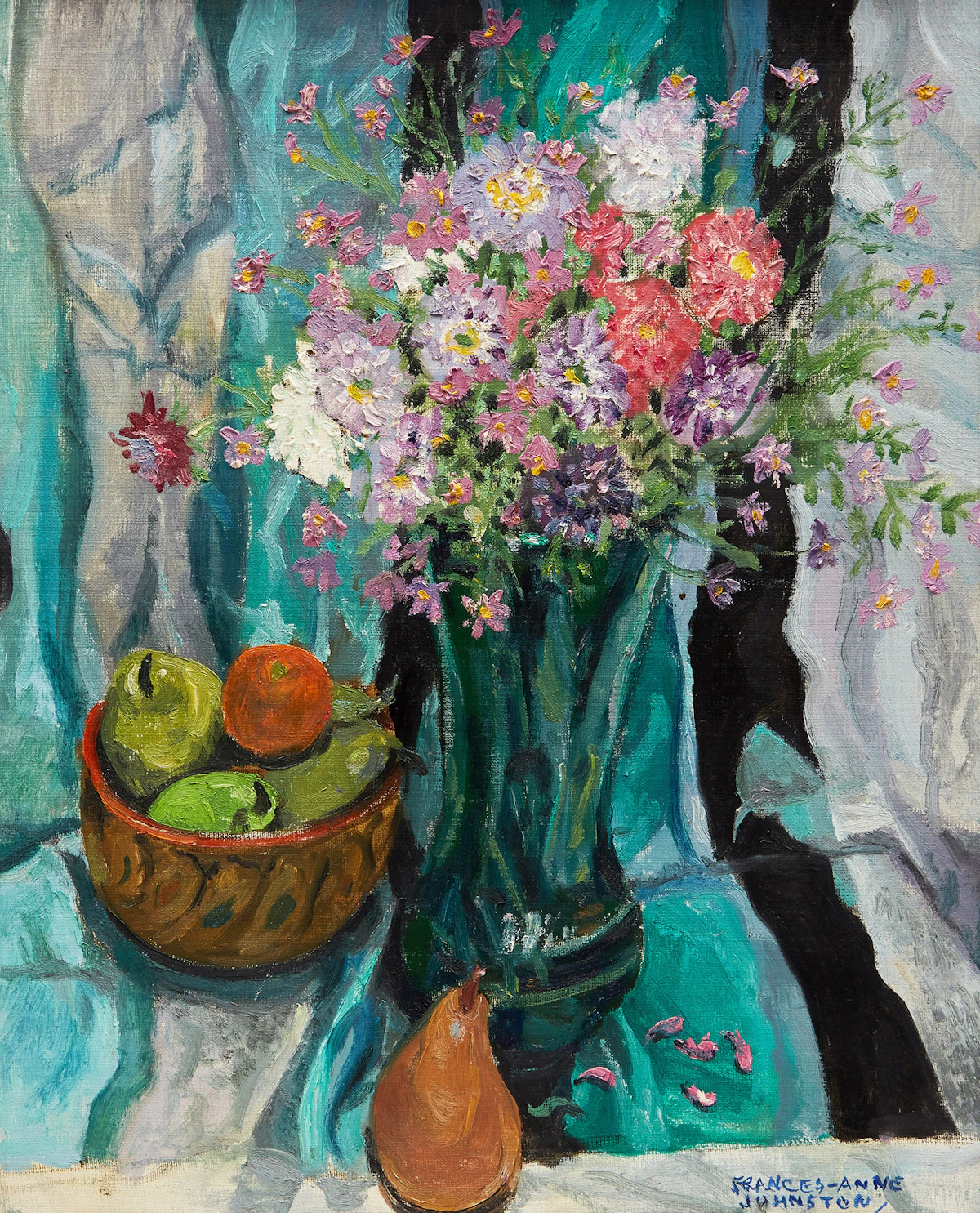 Frances Anne Johnston, Mixed Flowers and Fruit, oil on canvas board