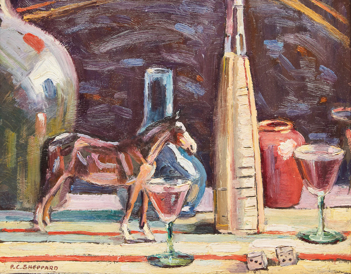 Peter Clapham Sheppard, Still Life of Collectibles , oil on board