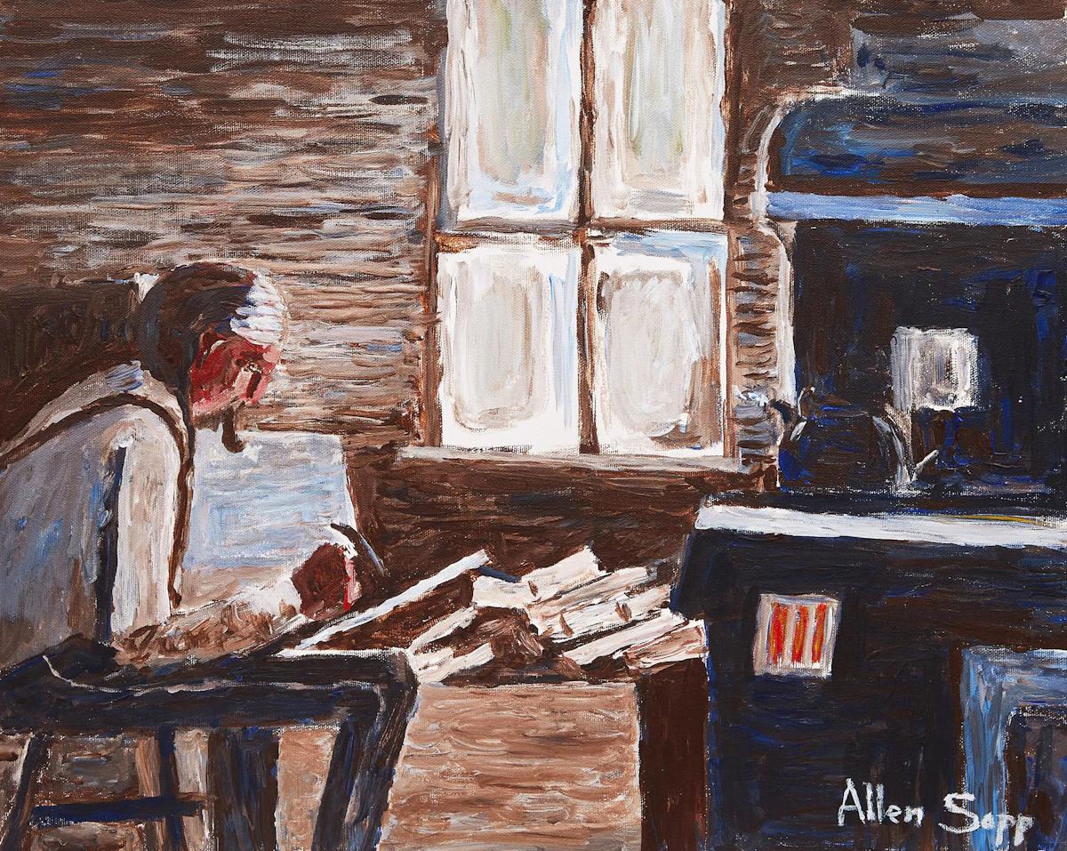 Allen Sapp, Grandfather is Making a Sled, oil on canvas