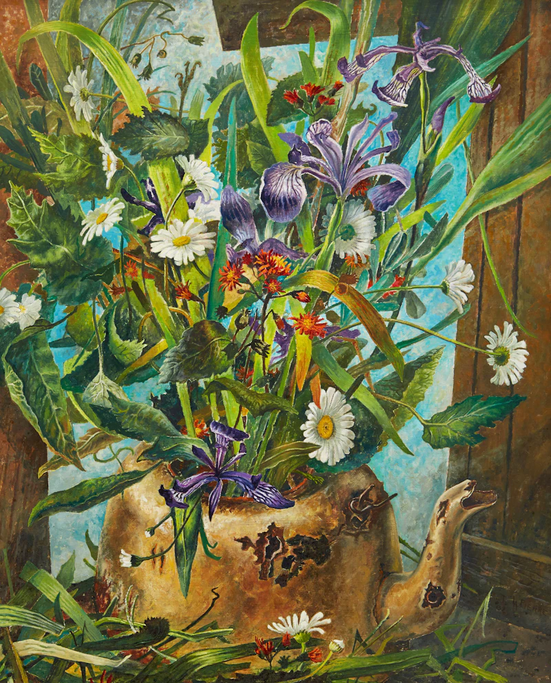 Thomas La Pierre, Old Kettle with Wild Flowers #3, oil on masonite