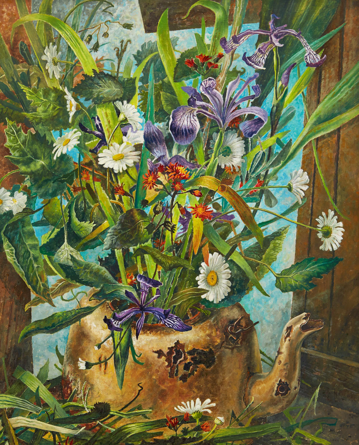 Thomas La Pierre, Old Kettle with Wild Flowers #3, oil on masonite