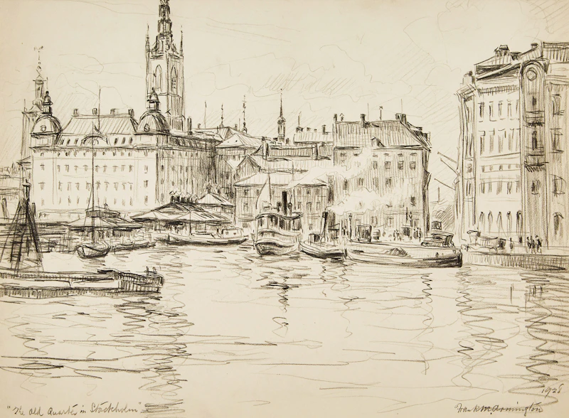 Frank Milton Armington, The Old Quarter in Stockholm, pencil drawing