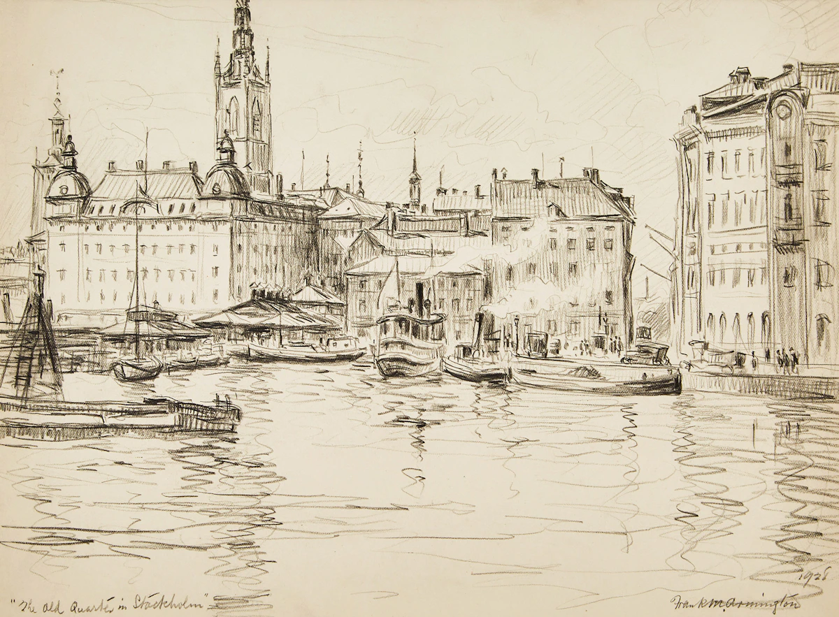Frank Milton Armington, The Old Quarter in Stockholm, pencil drawing, 1928