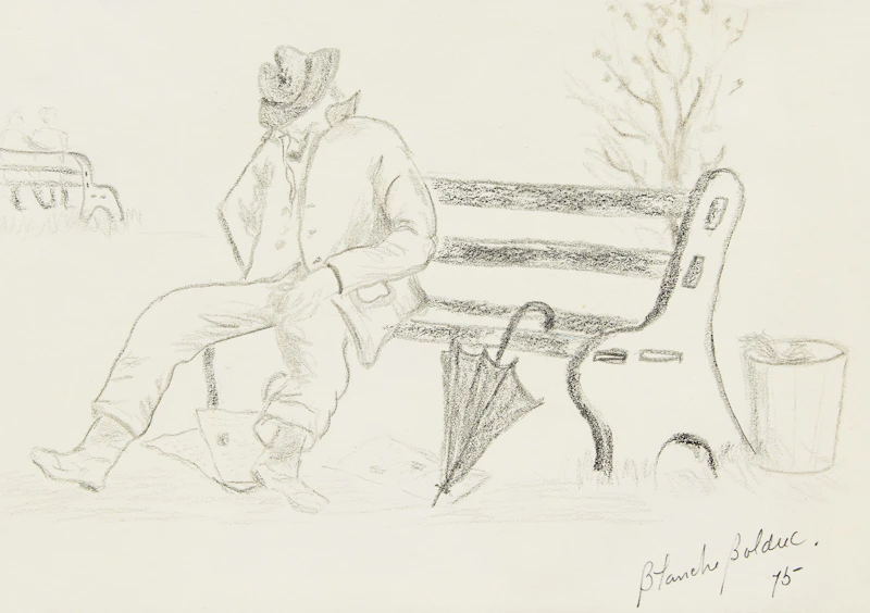 Blanche Bolduc, Sleeping Man on Bench, pencil