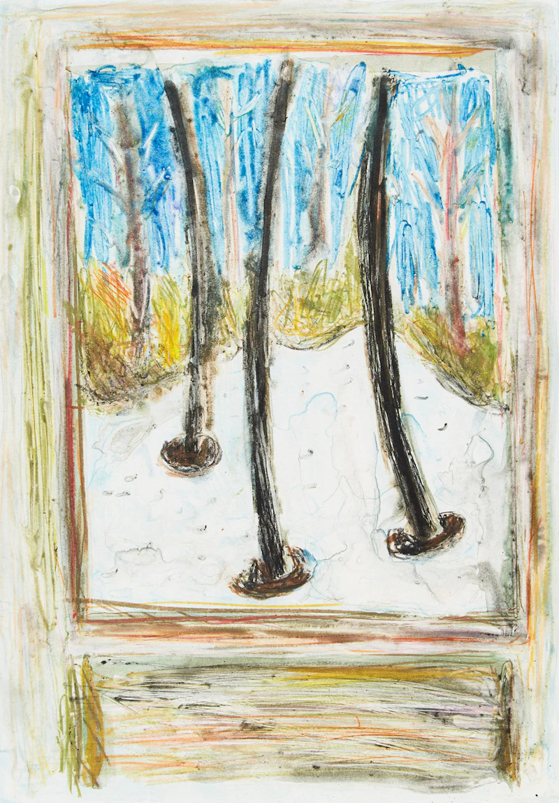 Arnold Shives, Snow & Pines, Through the Cabin Window I; Dundarave Revisited, two monotypes