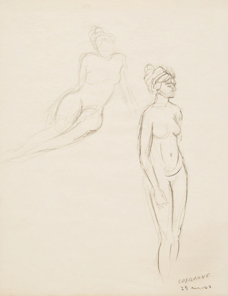 Stanley Morel Cosgrove, Figural Studies; Crouching Nude Study, two conté on paper