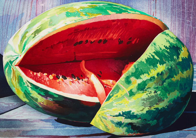 Mary Pratt, Cut Watermelon, woodcut in colours