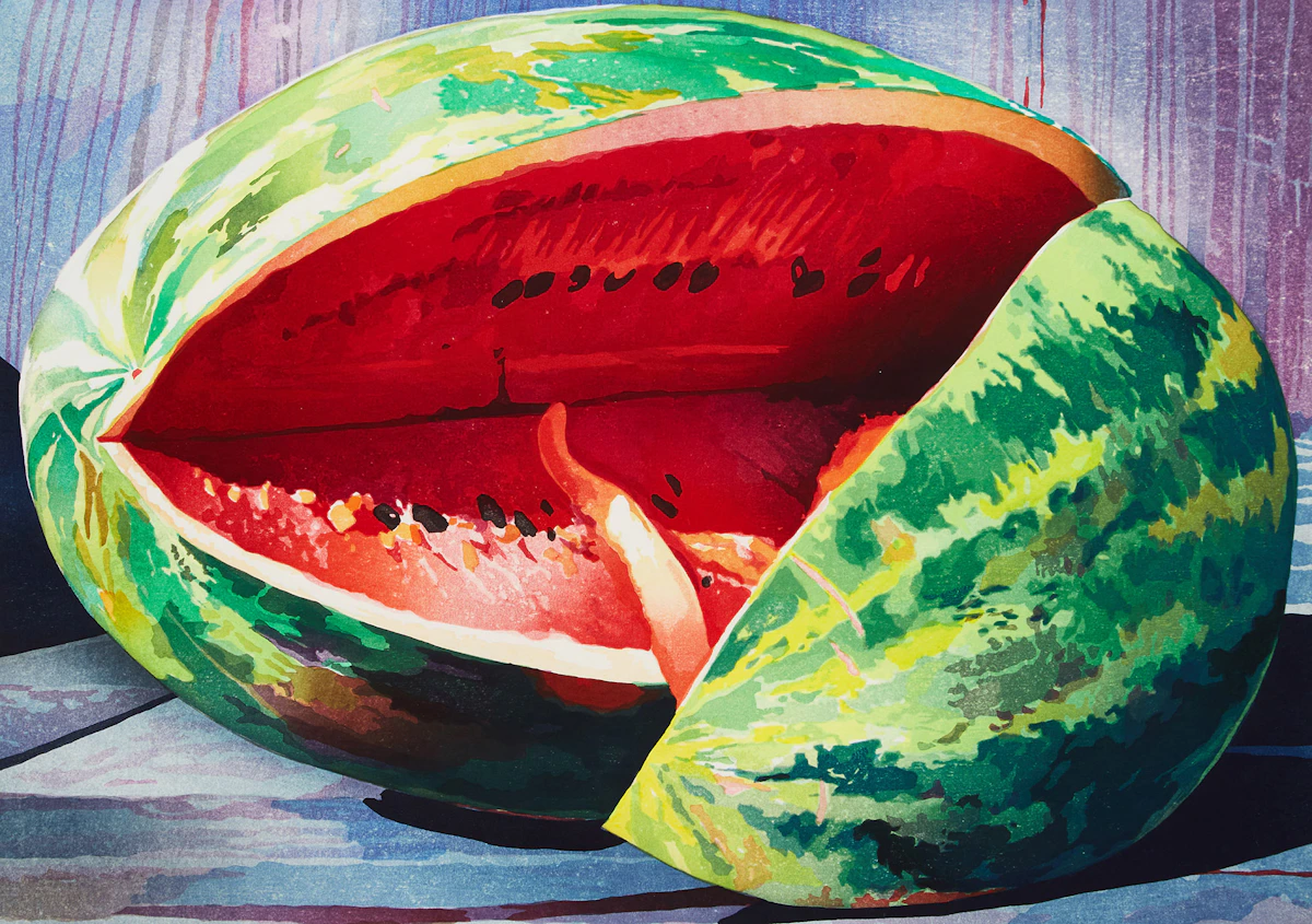 Mary Pratt, Cut Watermelon, woodcut in colours, 1997