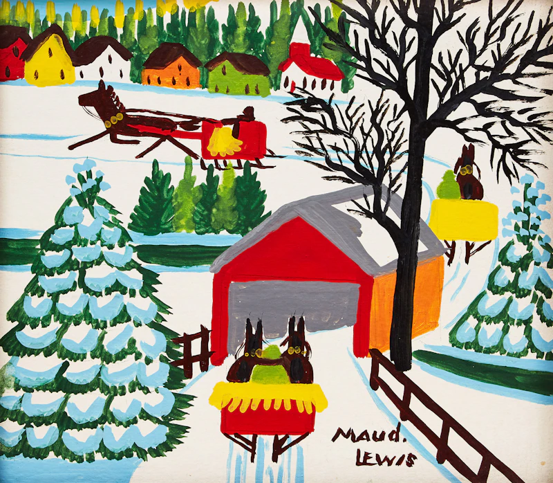 Maud Lewis, Winter Sleighing Scene with a Covered Bridge, mixed media on board