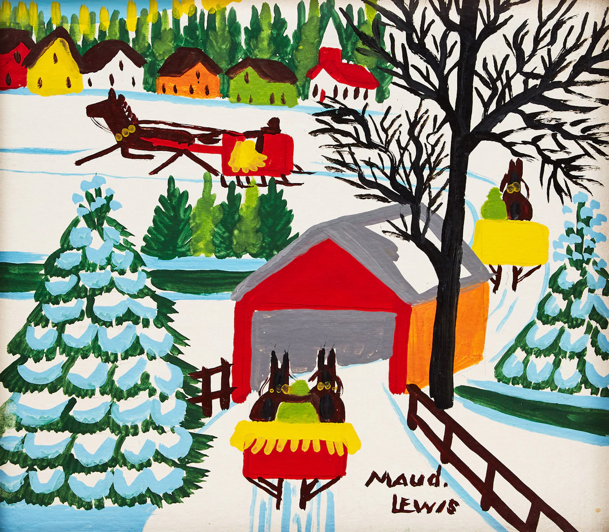 Maud Lewis, Winter Sleighing Scene with a Covered Bridge, mixed media on board