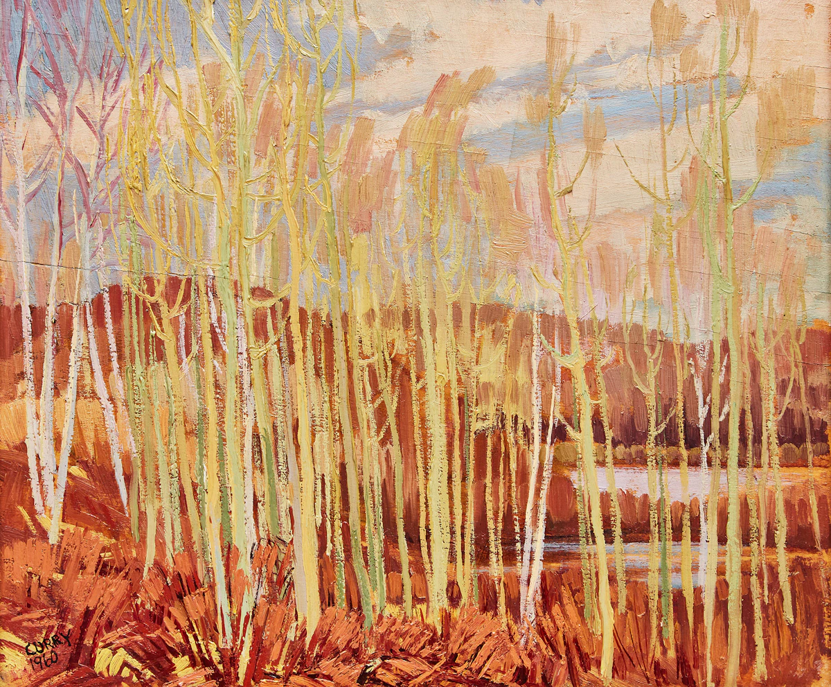 Ethel Luella Curry, Poplars in the Early Spring, Eagle Lake, Haliburton, oil on board, 1960