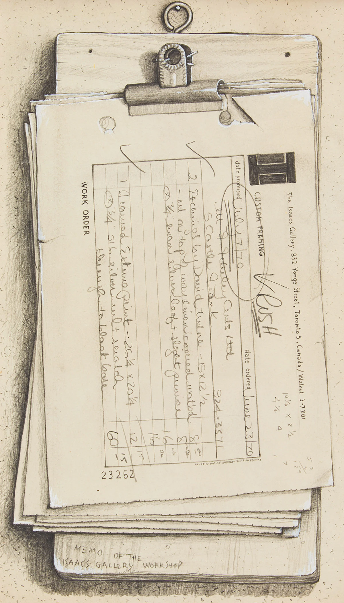 William Kurelek, Memo of the Isaacs Gallery Workshop, graphite drawing heightened with white, 1970