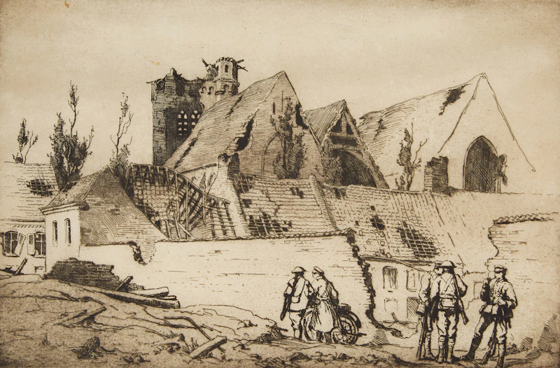 Cyril Henry Barraud, A view of St. Pierre looking from the Ypres Ramparts, July, 1916, etching