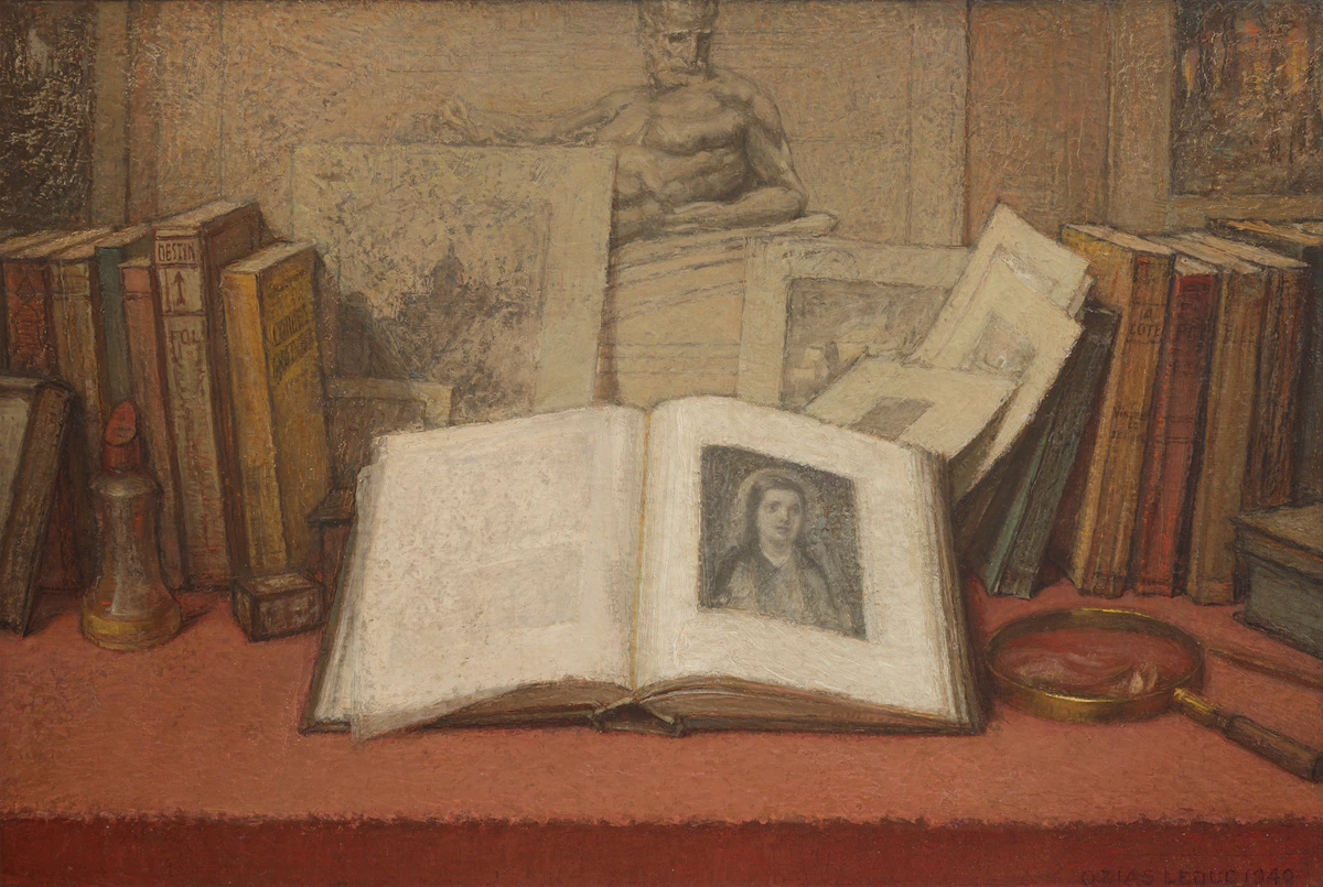 Ozias Leduc, Nature morte au livre (Crépuscule de Michel-Ange), oil on canvas, 1940