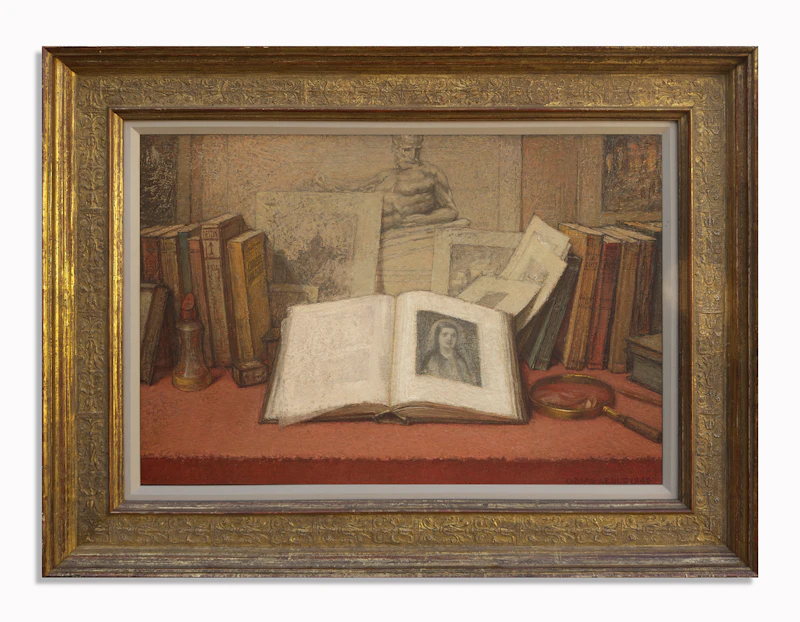 Ozias Leduc, Nature morte au livre (Crépuscule de Michel-Ange), oil on canvas, 1940 - view 2