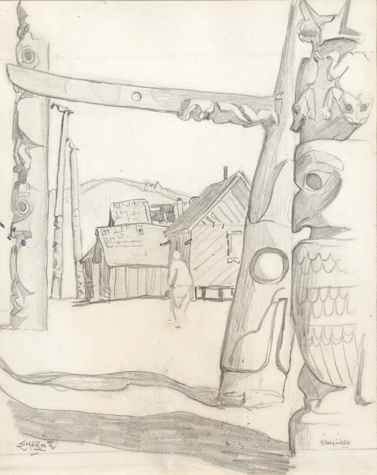 Edwin Headley Holgate, Totem Poles, Gitsegukla, graphite drawing