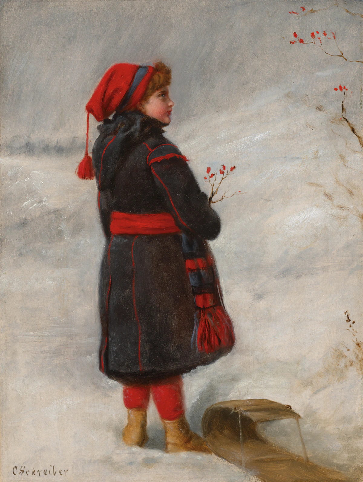 Charlotte Mount Brock Schreiber, Edith Schreiber with her Sleigh, oil on board, circa 1876