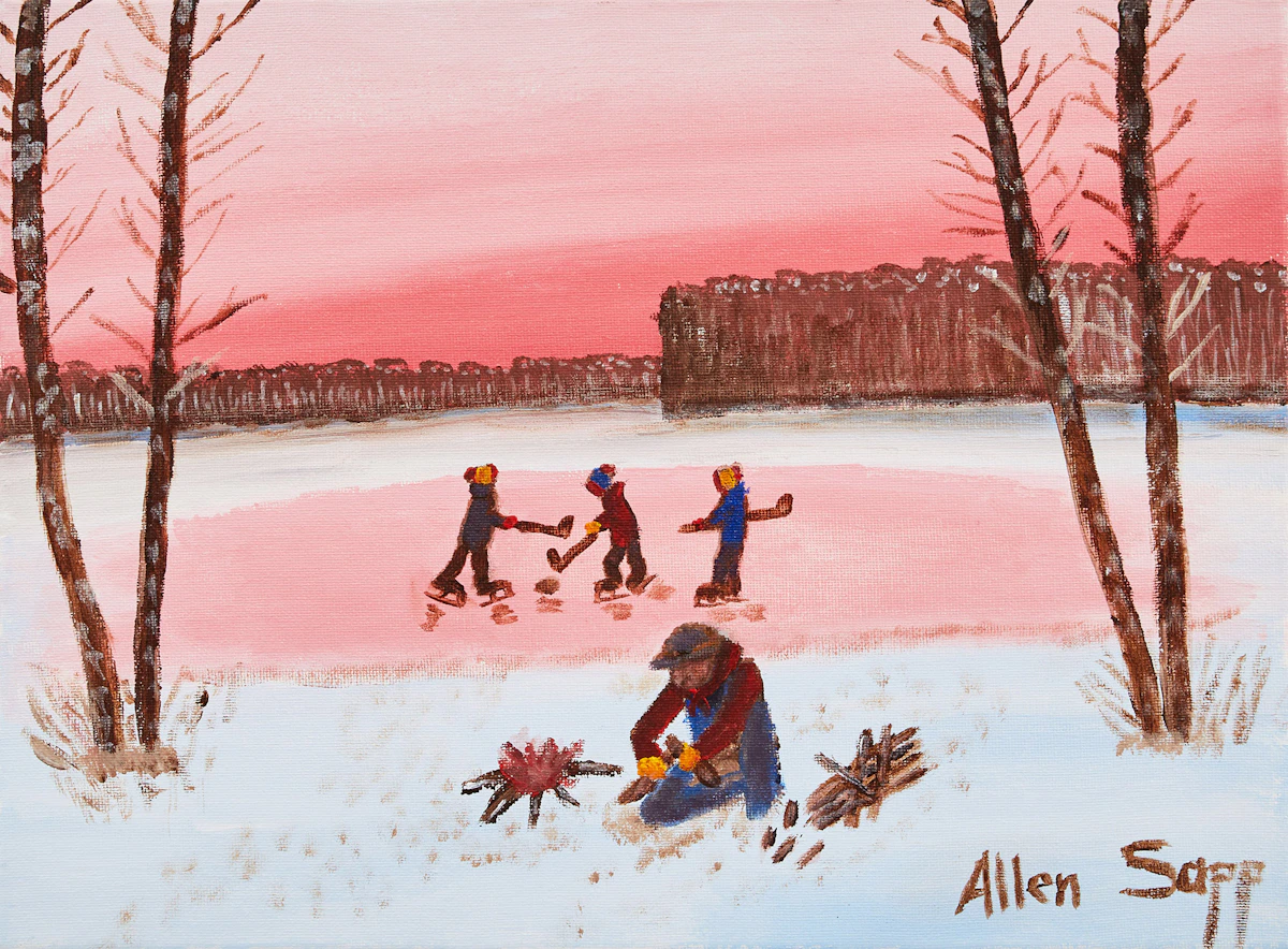 Allen Sapp, Building a Fire by the Skating Pond, oil on canvas
