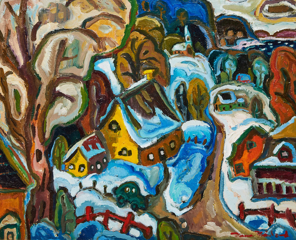 Pierre Bédard, Sans titre (Village en hiver), oil on board