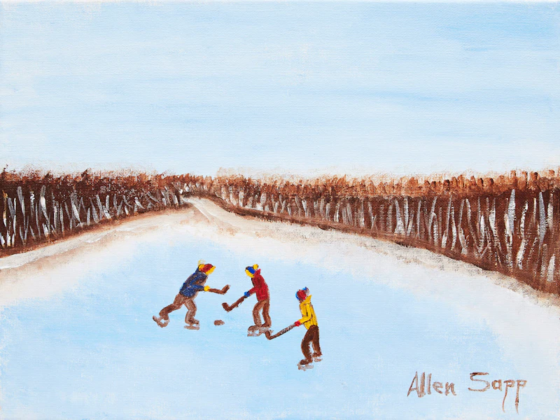 Allen Sapp, Playing Hockey on the Lake, oil on canvas