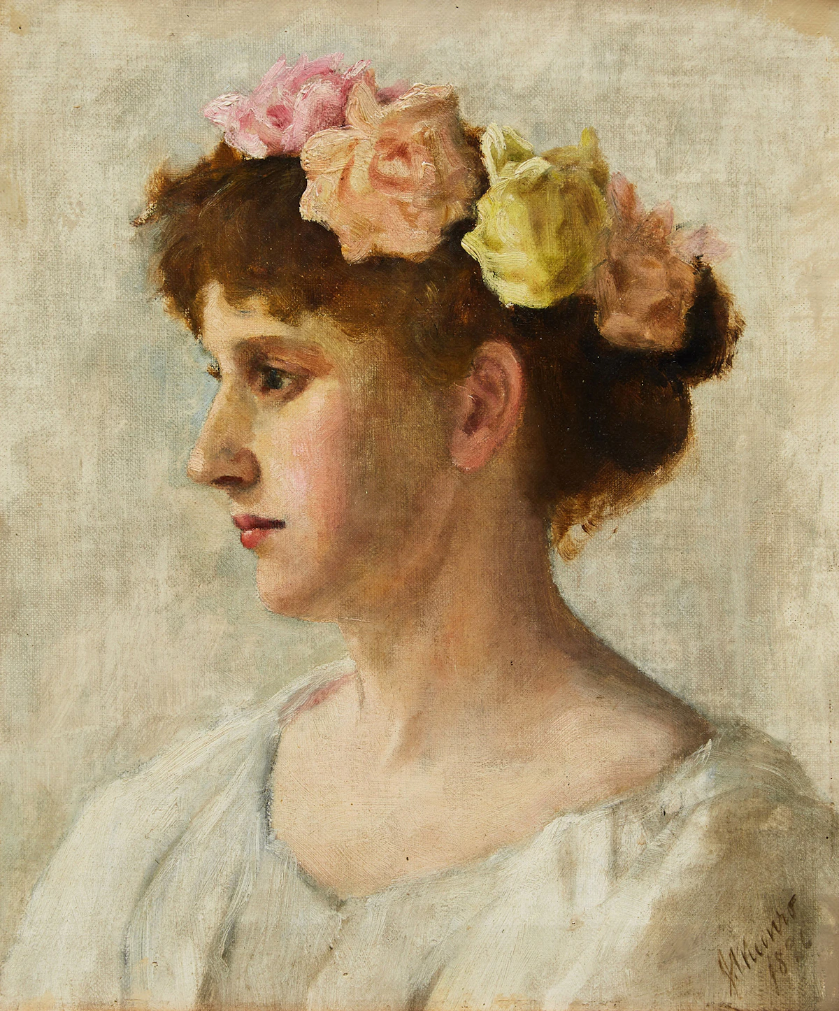 Sarah Jean Munro Maclean, Portrait of a Lady with Flower Crown, oil on canvas, 1896