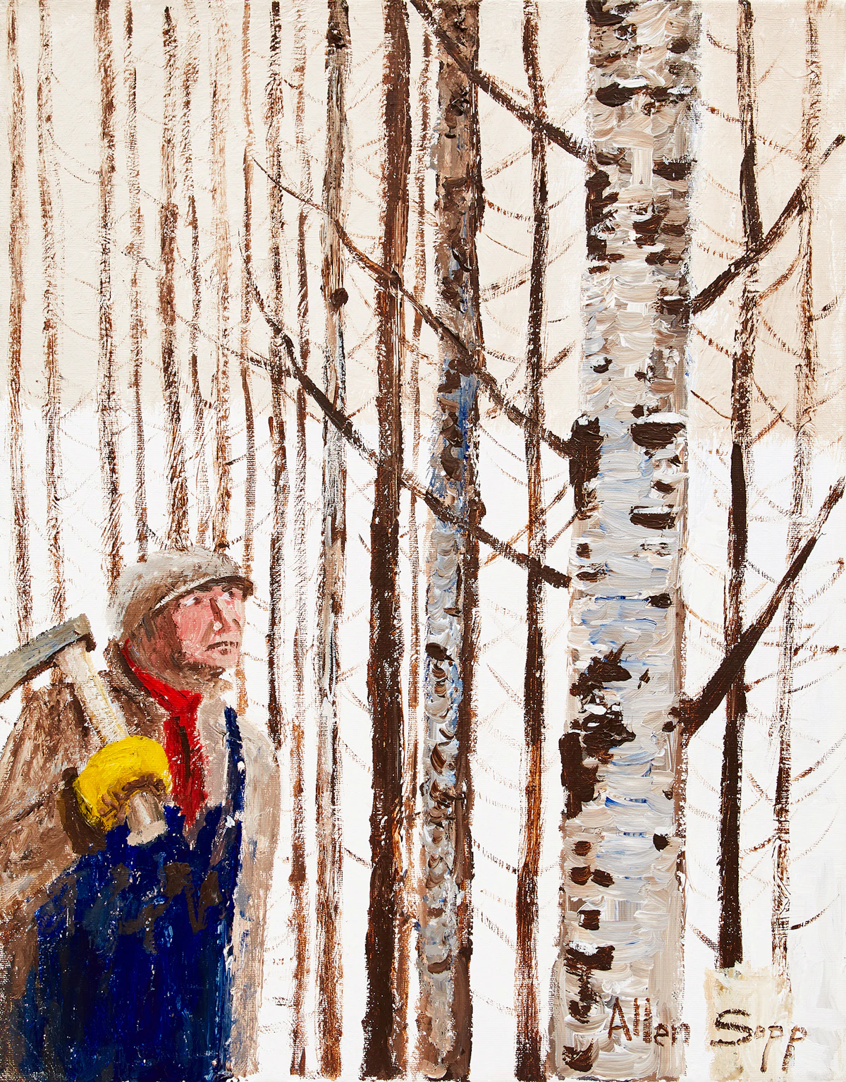Allen Sapp, He’s Looking to Get a Log to Make a Sleigh Runner, oil on canvas