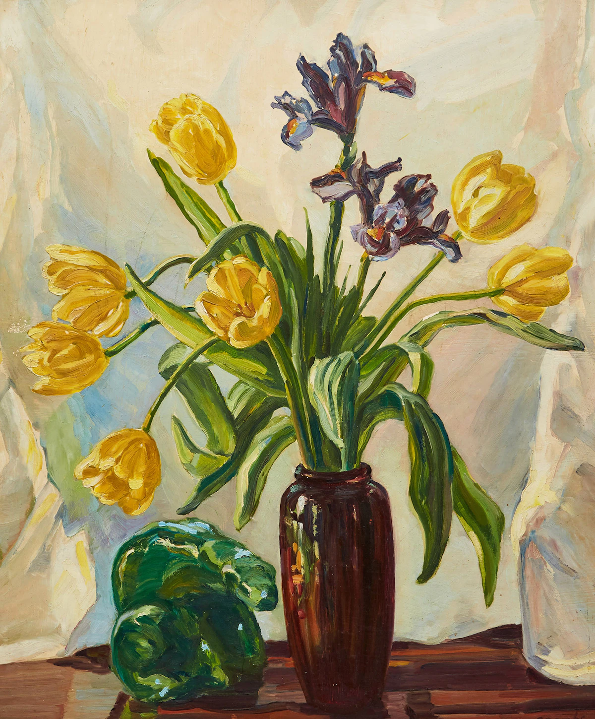 Edith Grace Coombs, Yellow Tulips and Iris, oil on board