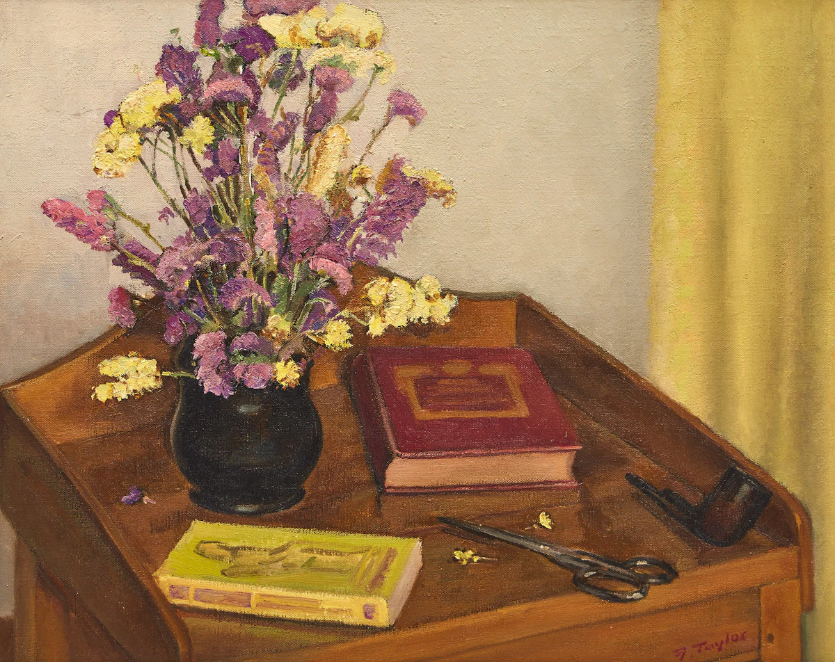 Frederick Bourchier Taylor, Still Life with Strawflowers, oil on canvas, 1975