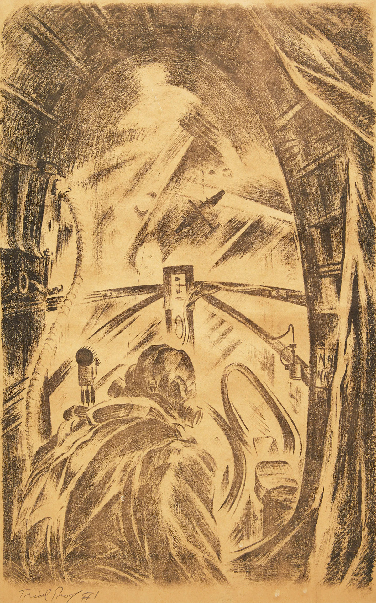 Carl Fellman Schaefer, Bomb Aimer, C. Charlie, Halifax MkIII, Aircraft 428, Squadron A Flight, 6 Bomber Group Royal Canadian Air Force, Battle of the Ruhr, 1943, lithograph on buff wove paper, 1945 