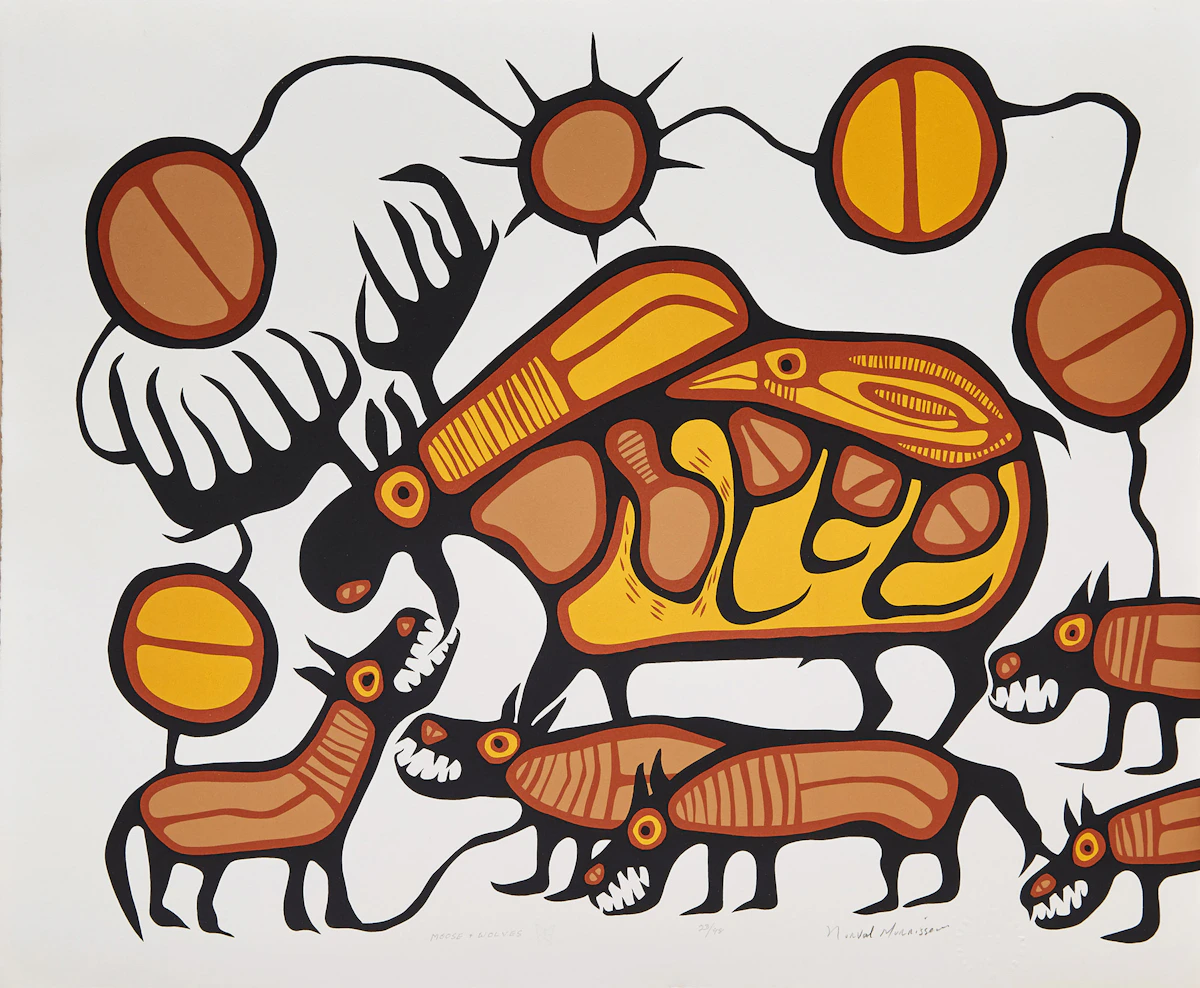 Norval Morrisseau, Moose and Wolves, colour serigraph