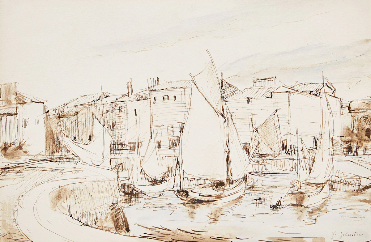 John Young Johnstone, Nautical Scene, ink and watercolour on paper