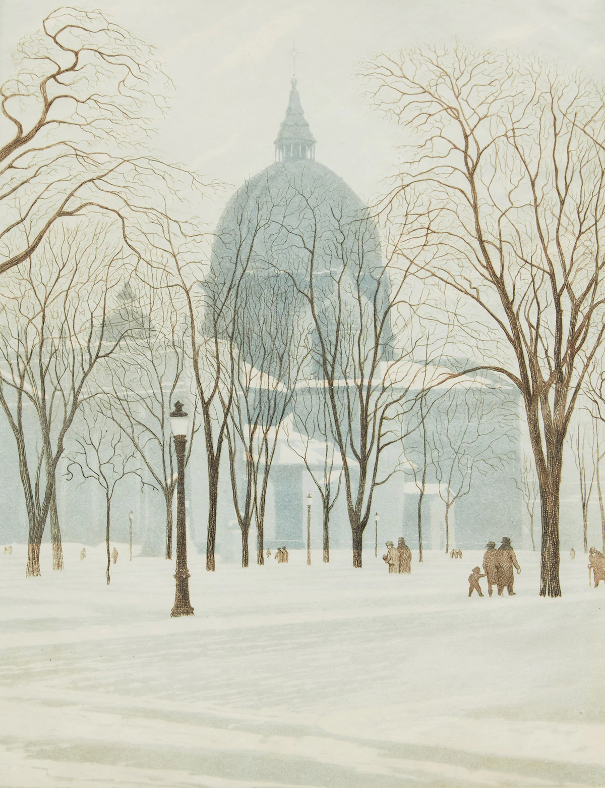 Frederick Bourchier Taylor, St. James Cathedral from Dominion Square, Montreal, etching and aquatint, 1948