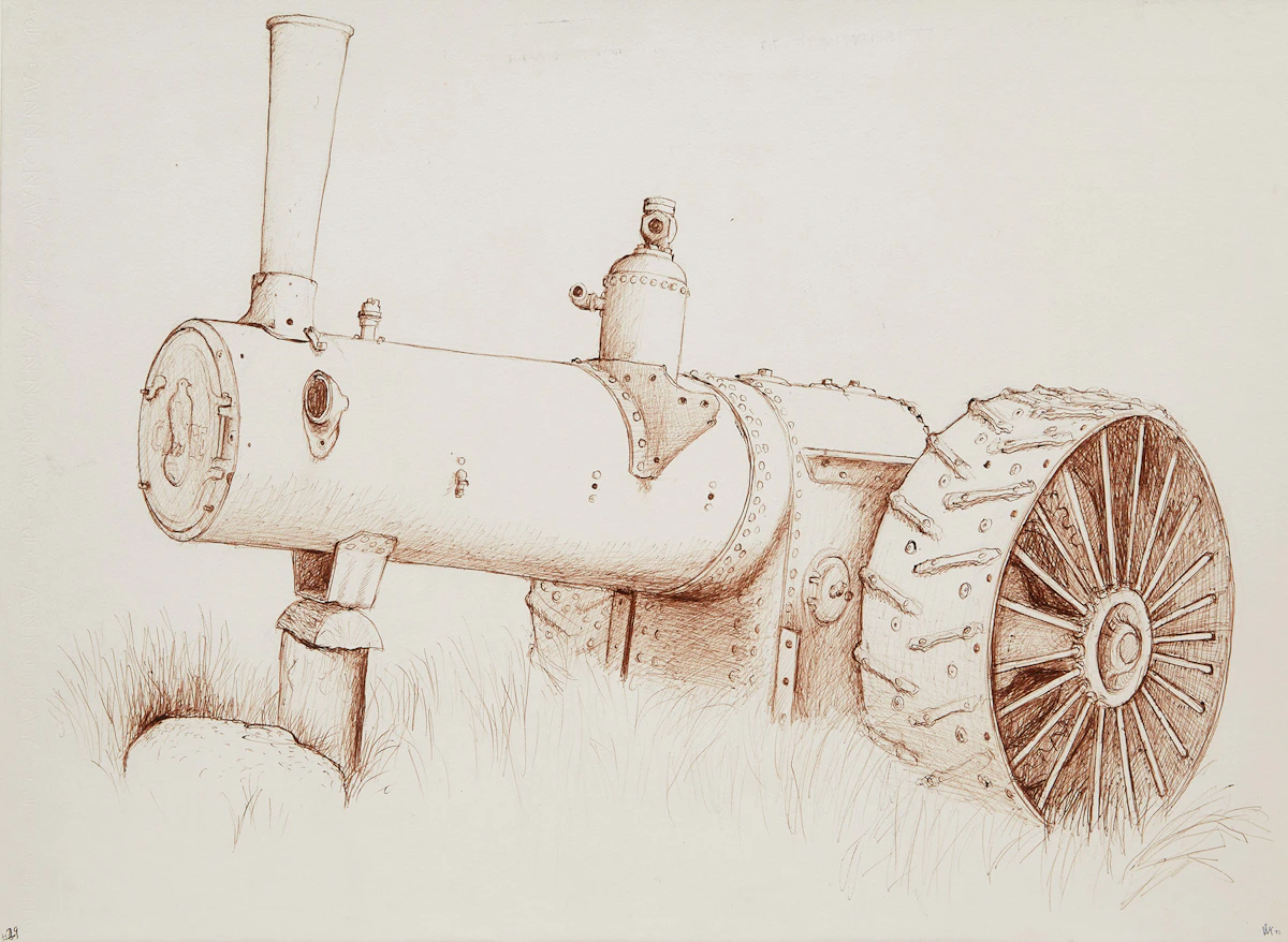 William Kurelek, Stripped Case Steam Tractor, pen and ink on paper, 1971