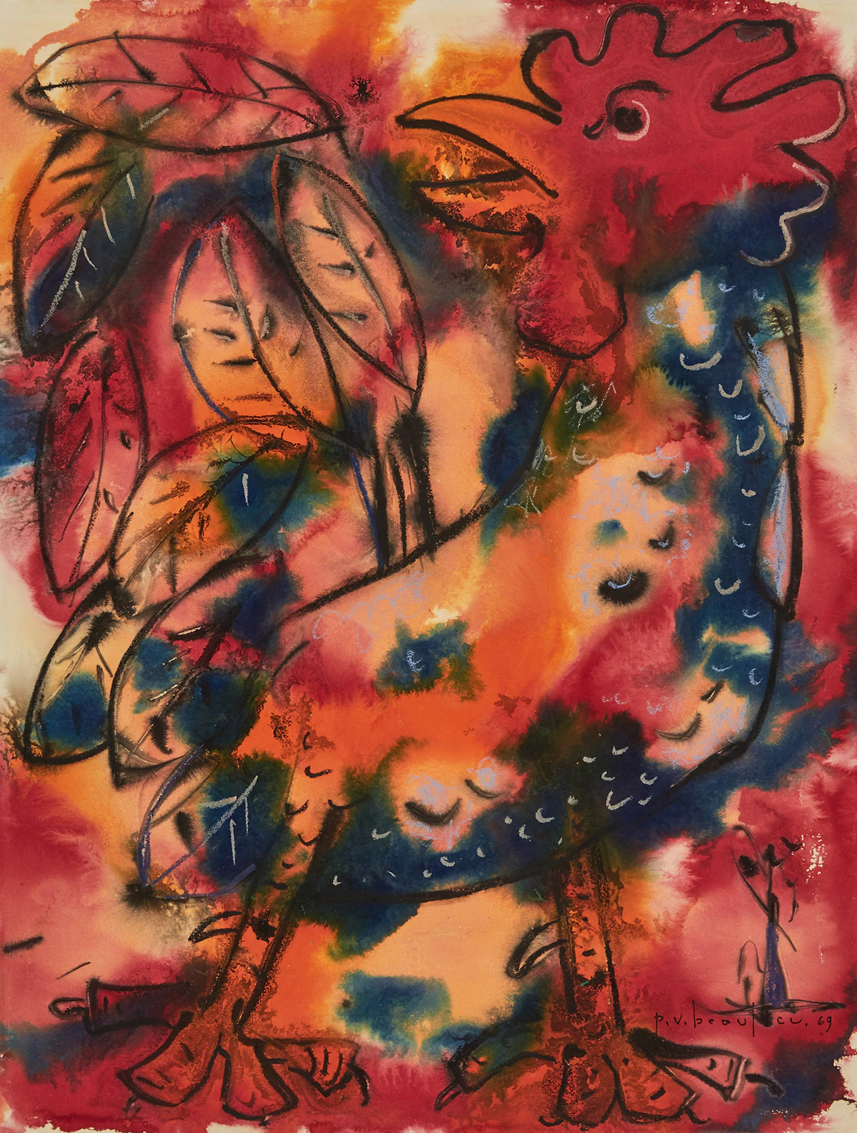Paul-Vanier Beaulieu, Untitled (Rooster), watercolour, 1969